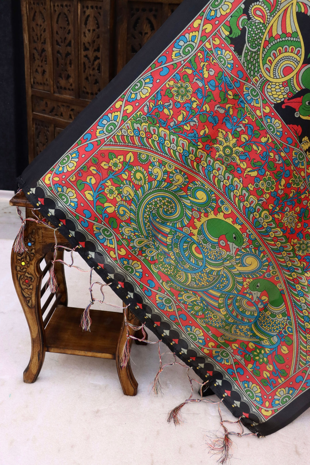 Black Malai Silk Dupatta with Multicolor Peacock & Paisley Folk Print and Contrast Border with Tassels