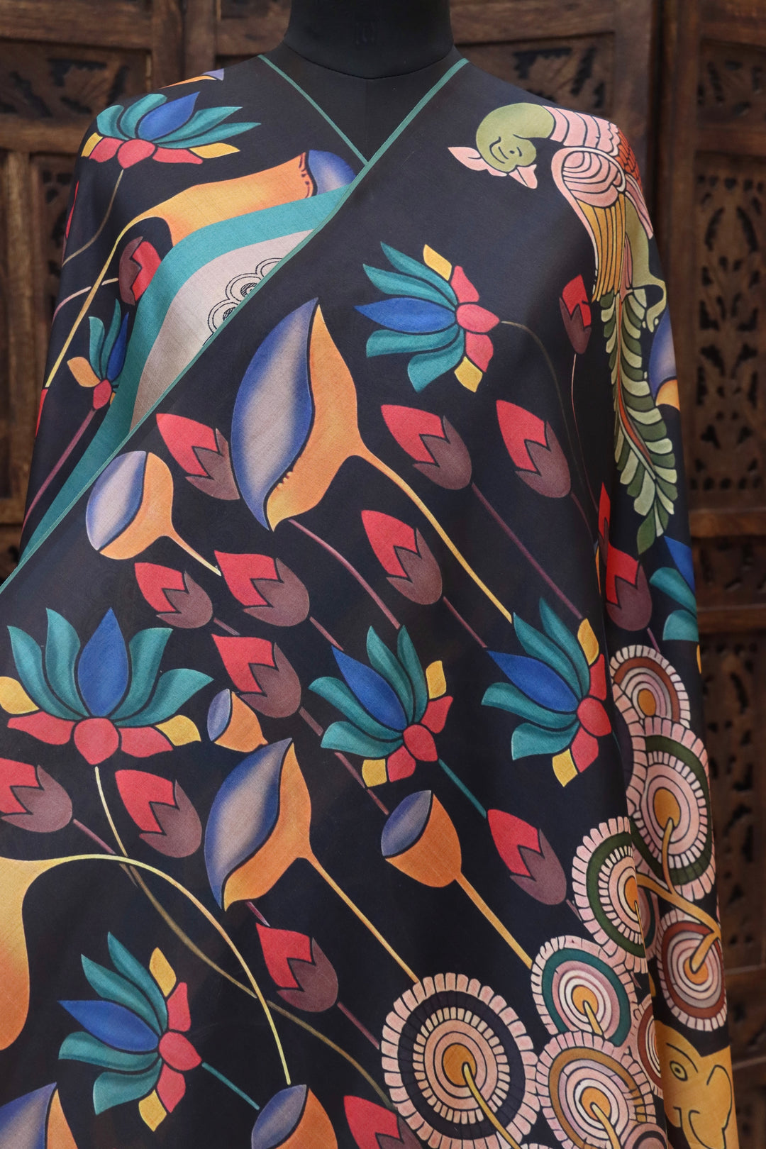 Charcoal Black Malai Silk Dupatta with Peacock, Elephant & Floral Folk Print and Contrast Border with Tassels