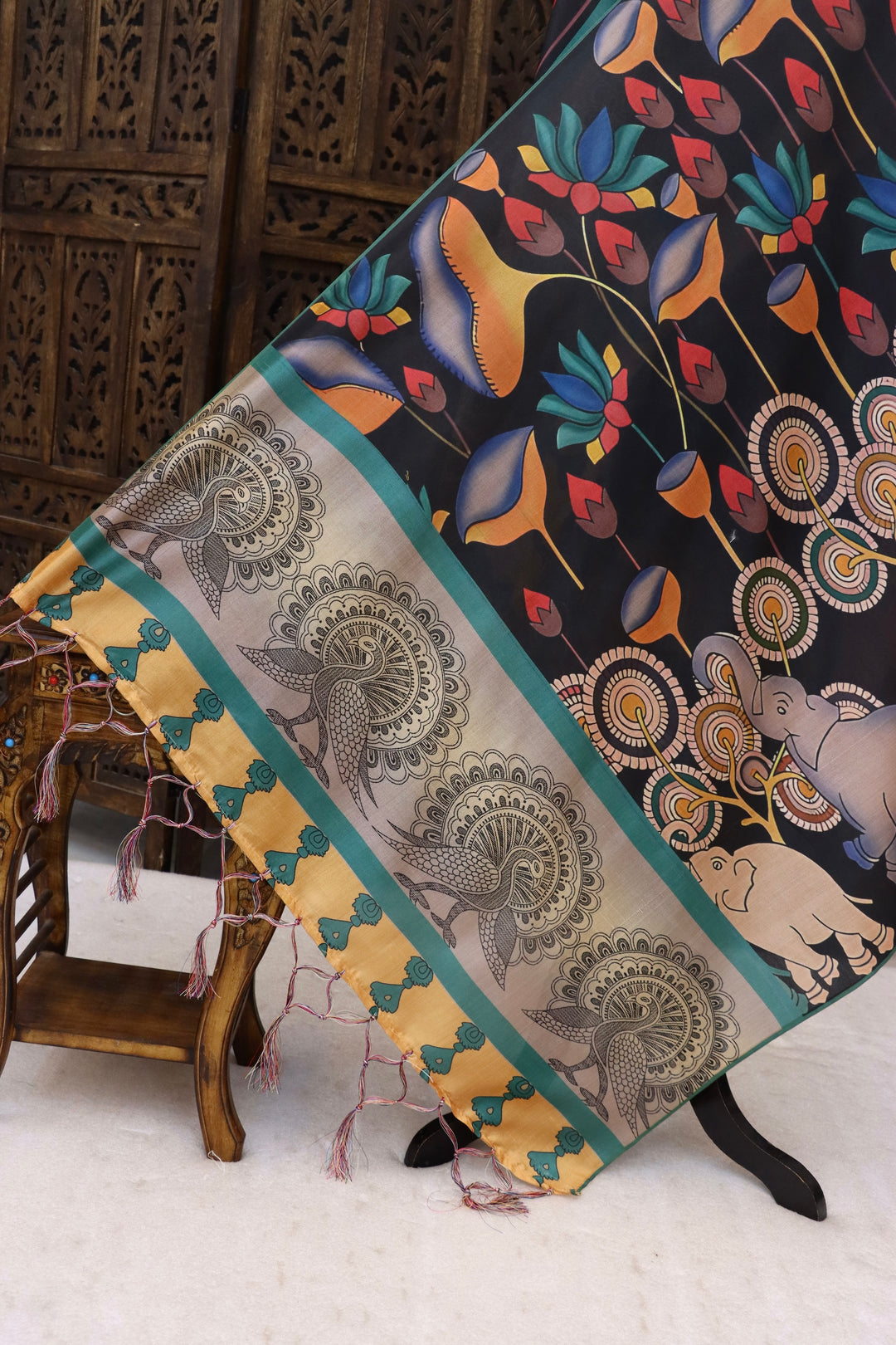 Charcoal Black Malai Silk Dupatta with Peacock, Elephant & Floral Folk Print and Contrast Border with Tassels