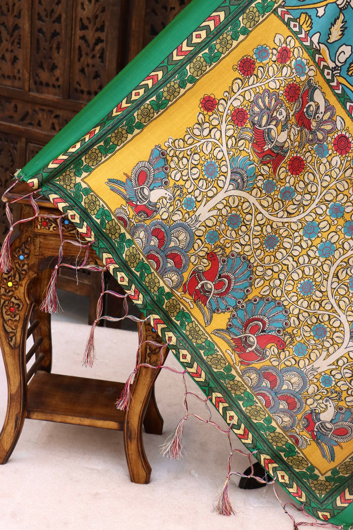 Teal Blue & Mustard Yellow Malai Silk Dupatta with Floral Tree of Life Print, Contrast Green Border & Tassels