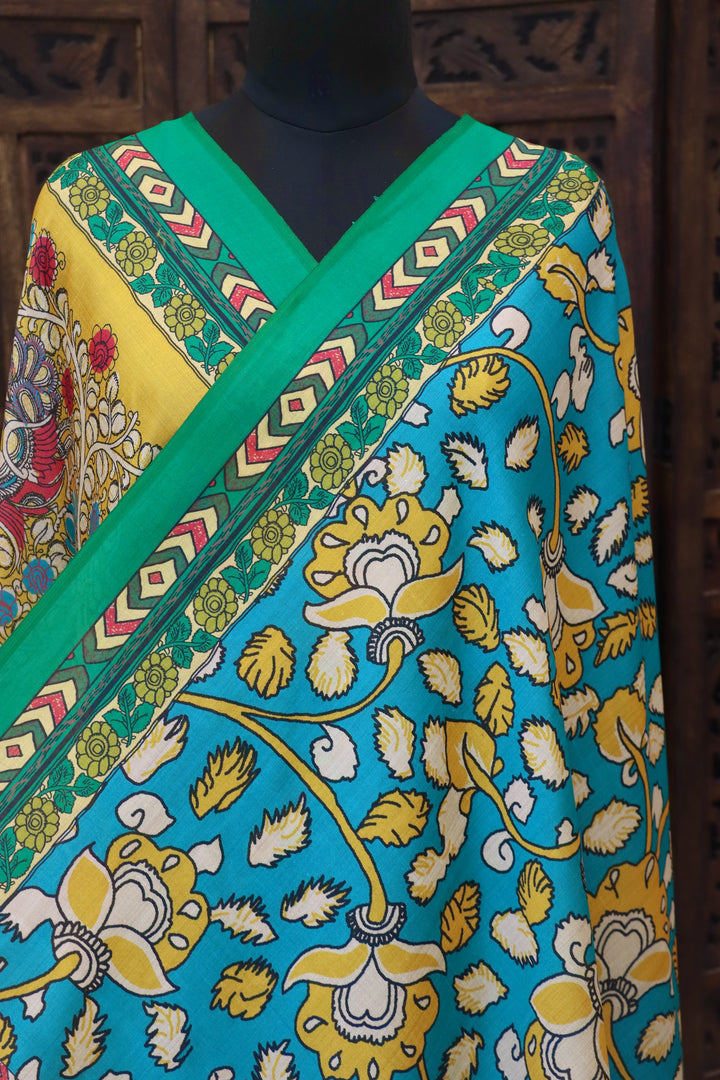 Teal Blue & Mustard Yellow Malai Silk Dupatta with Floral Tree of Life Print, Contrast Green Border & Tassels