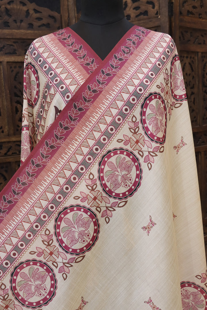 Ivory Cream & Maroon Malai Silk Dupatta with Circular Floral Motifs, Traditional Border & Tassel Detailing