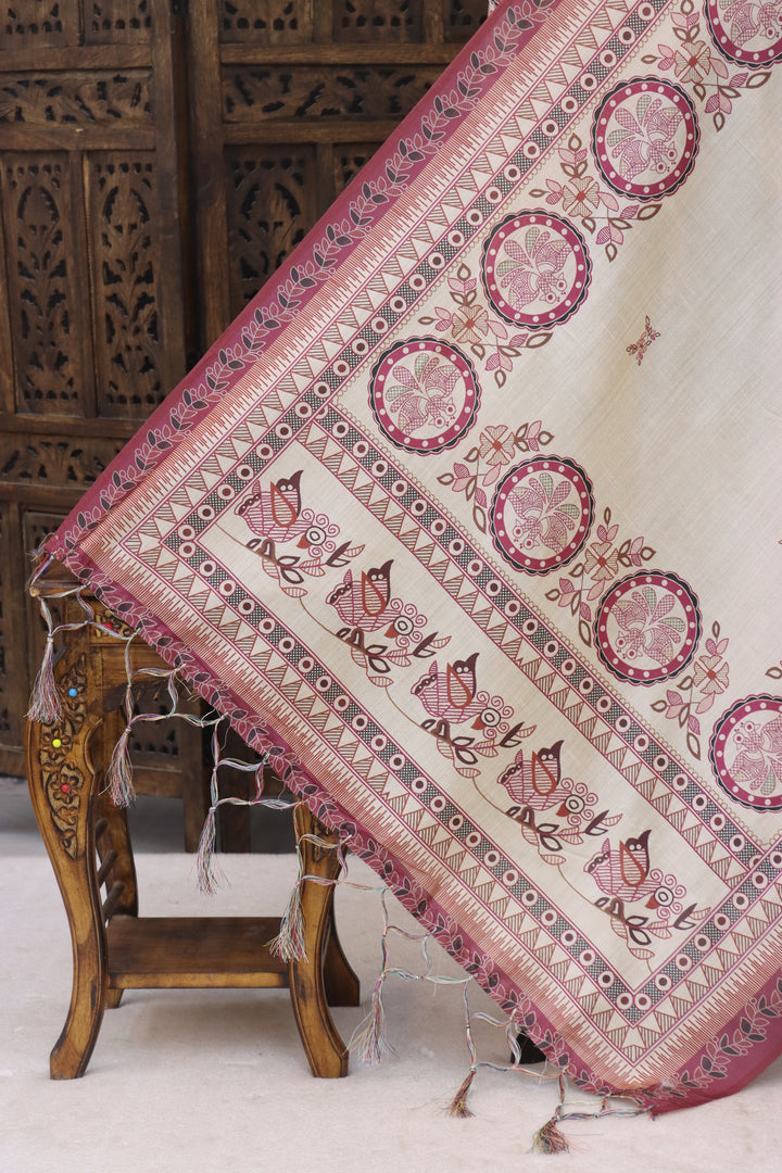 Ivory Cream & Maroon Malai Silk Dupatta with Circular Floral Motifs, Traditional Border & Tassel Detailing