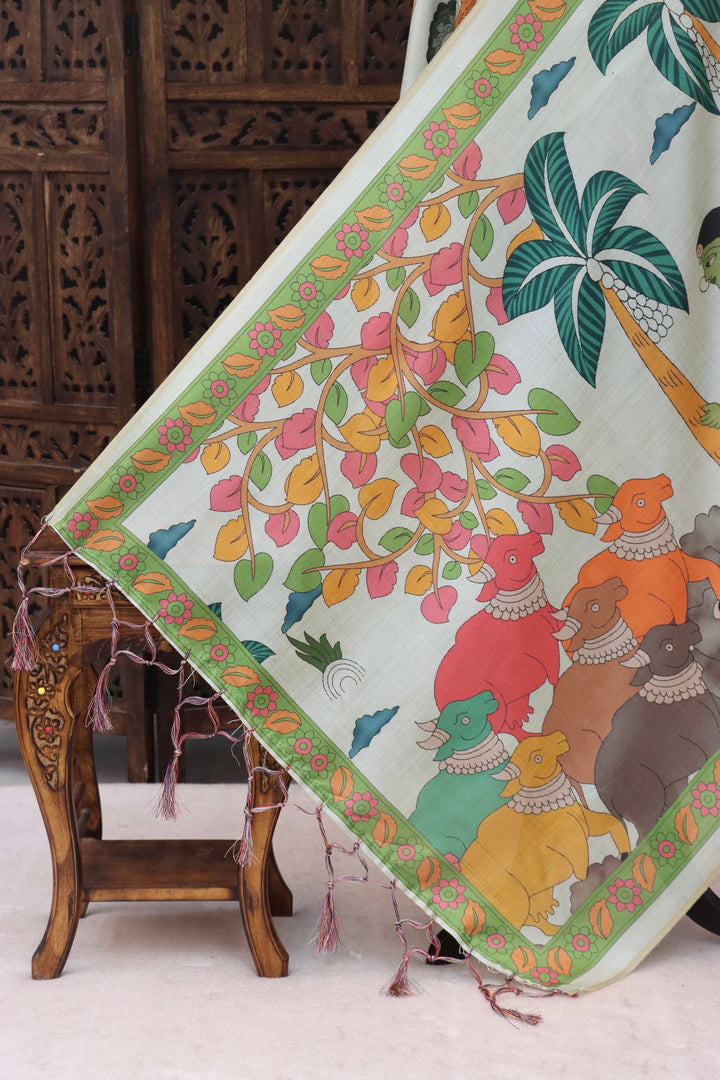 Ivory White Malai Silk Dupatta with Tribal Cow Motifs, Palm Tree Folk Art & Green Floral Border with Tassels