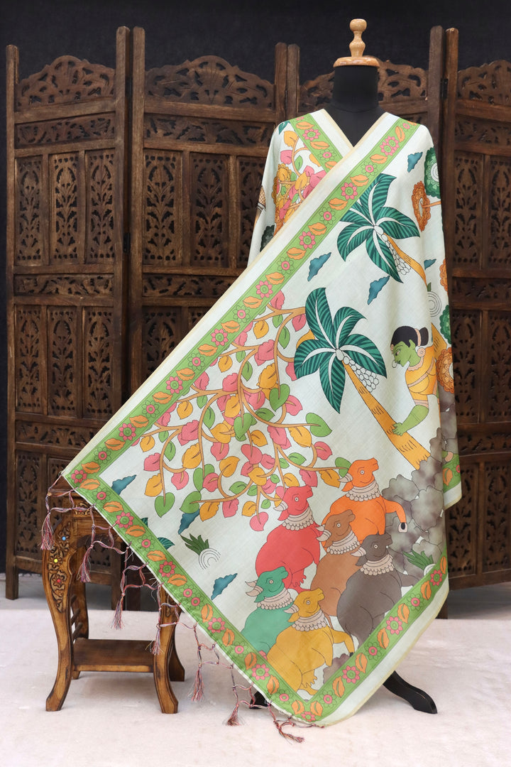 Ivory White Malai Silk Dupatta with Tribal Cow Motifs, Palm Tree Folk Art & Green Floral Border with Tassels