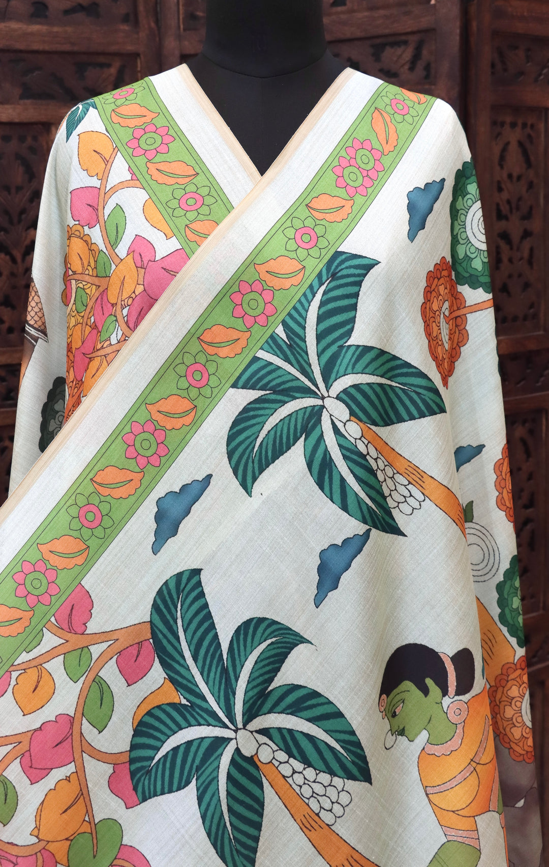 Ivory White Malai Silk Dupatta with Tribal Cow Motifs, Palm Tree Folk Art & Green Floral Border with Tassels