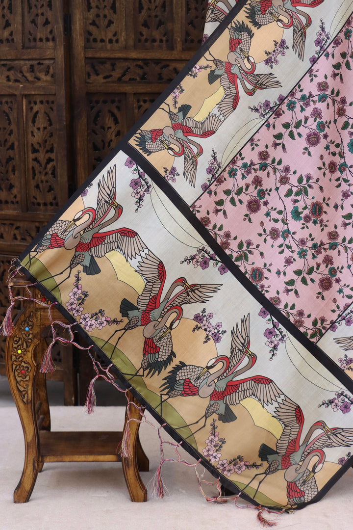 Blush Pink & Ivory Malai Silk Dupatta with Crane Bird Motifs, Floral Print Body & Contrast Border with Tassels