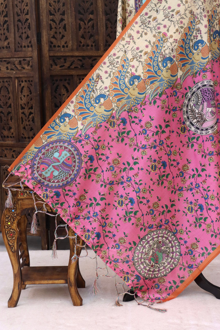 Cream & Rose Pink Malai Silk Dupatta with Peacock Border, Floral Print Body & Orange Contrast Border with Tassels