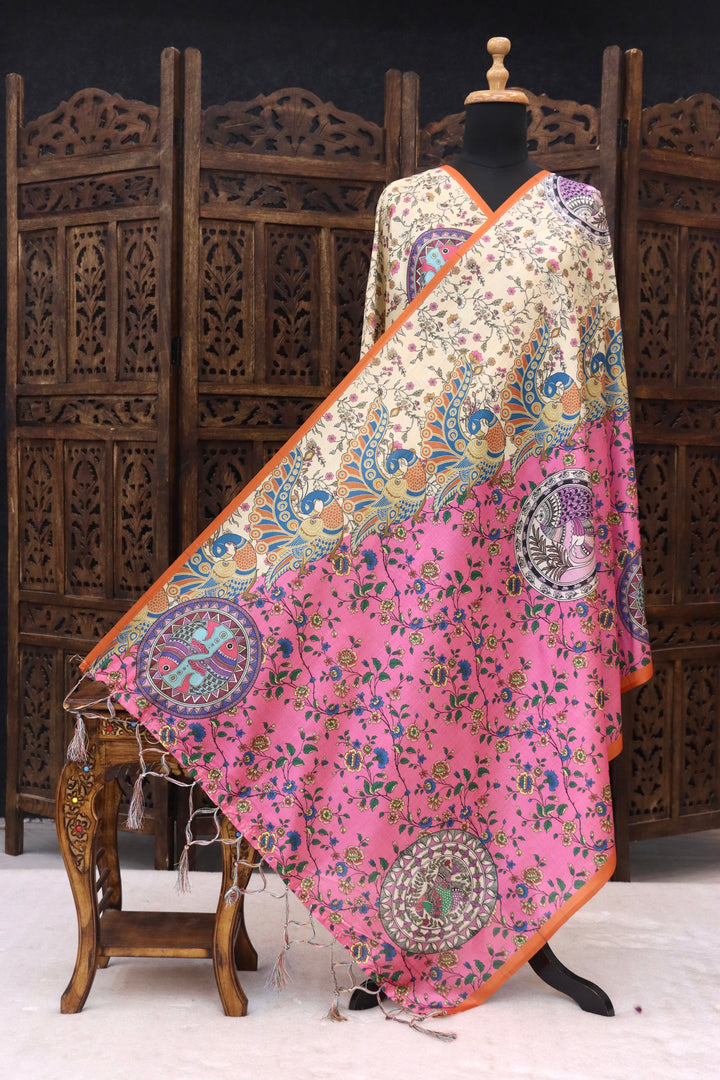 Cream & Rose Pink Malai Silk Dupatta with Peacock Border, Floral Print Body & Orange Contrast Border with Tassels