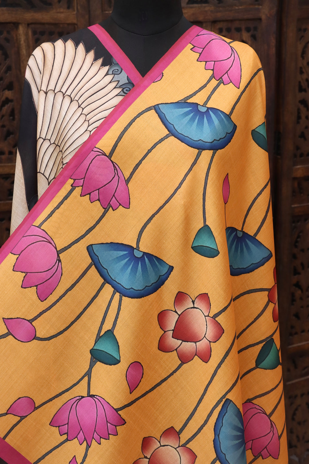Mustard Yellow Malai Silk Dupatta with Swan Motif Border, Lotus Floral Print & Pink Contrast Edges with Tassels
