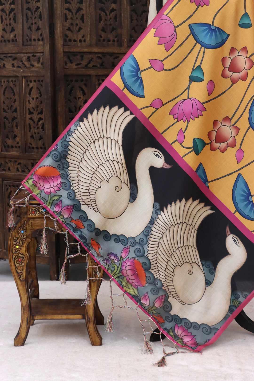 Mustard Yellow Malai Silk Dupatta with Swan Motif Border, Lotus Floral Print & Pink Contrast Edges with Tassels