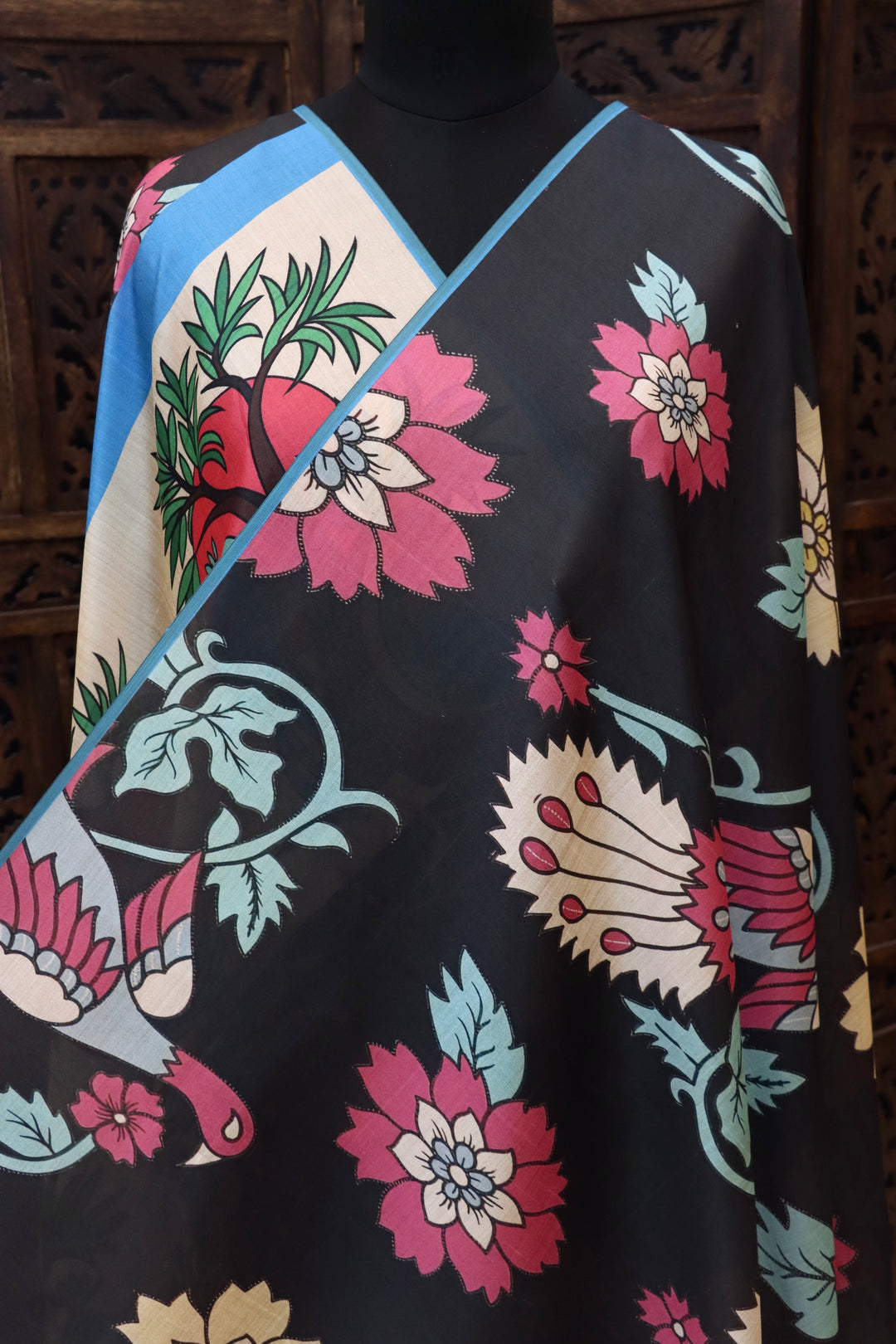 Black Malai Silk Dupatta with Floral Print Body, Bird & Tree Motif Border and Sky Blue Contrast Edging with Tassels