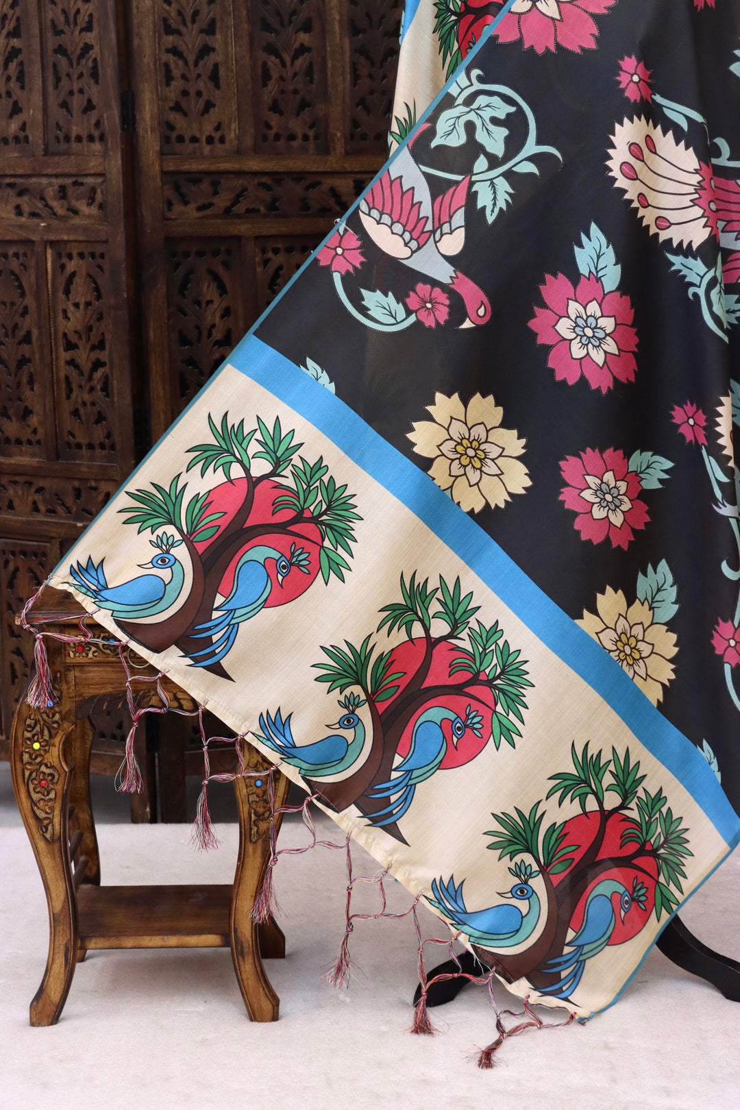 Black Malai Silk Dupatta with Floral Print Body, Bird & Tree Motif Border and Sky Blue Contrast Edging with Tassels