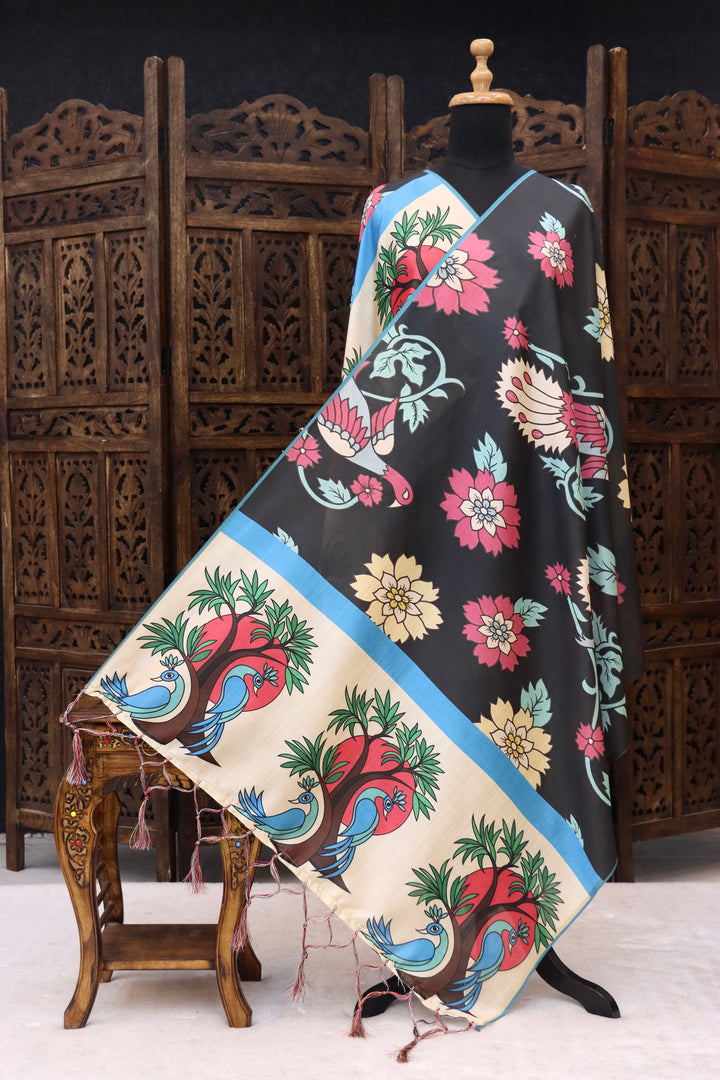 Black Malai Silk Dupatta with Floral Print Body, Bird & Tree Motif Border and Sky Blue Contrast Edging with Tassels
