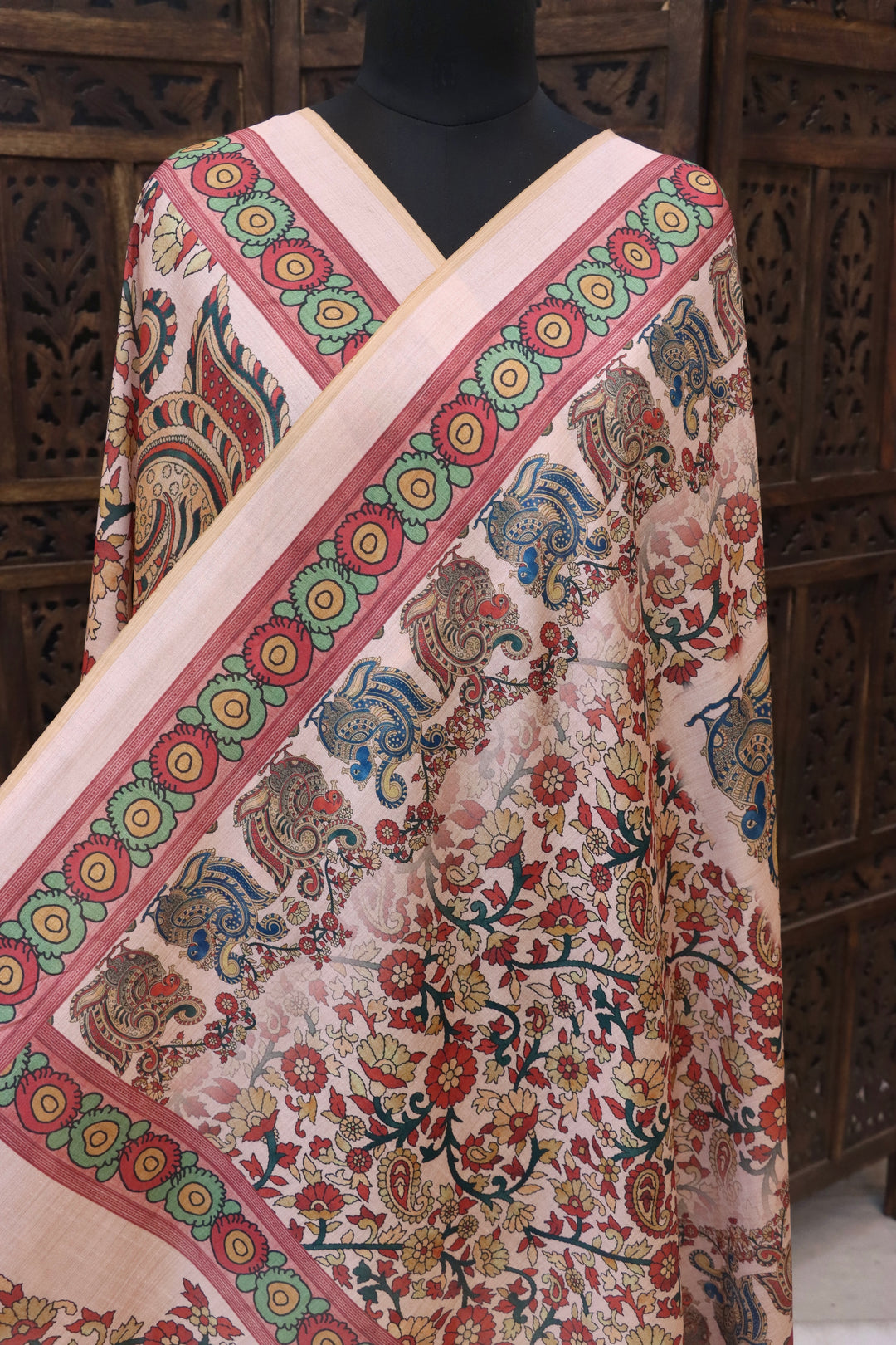 Blush Pink Malai Silk Dupatta with Floral Vine Print, Peacock Motif Border & Traditional Contrast Edging with Tassels