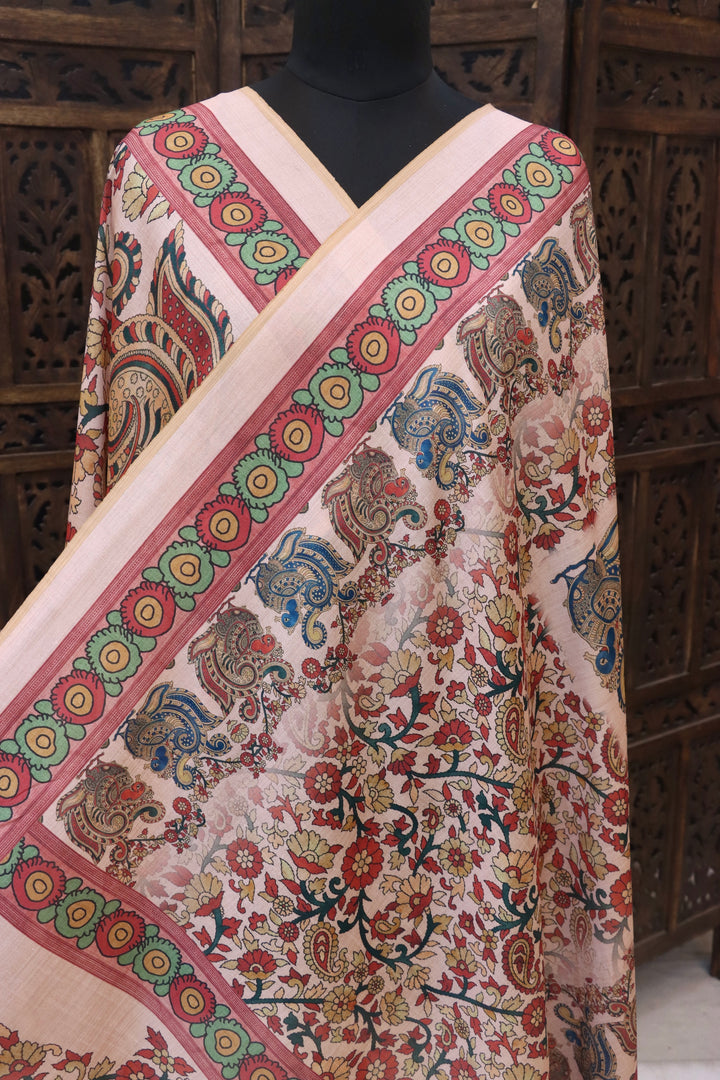 Blush Pink Malai Silk Dupatta with Floral Vine Print, Peacock Motif Border & Traditional Contrast Edging with Tassels