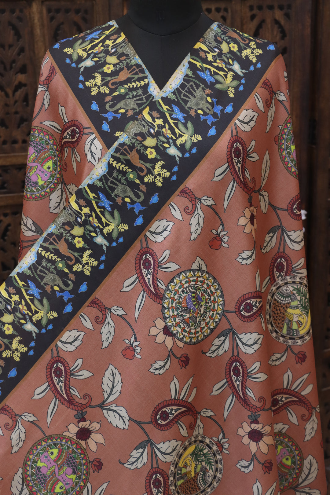 Rust Brown Malai Silk Dupatta with Paisley Floral Print, Folk Medallion Motifs & Contrast Botanical Border with Tassels