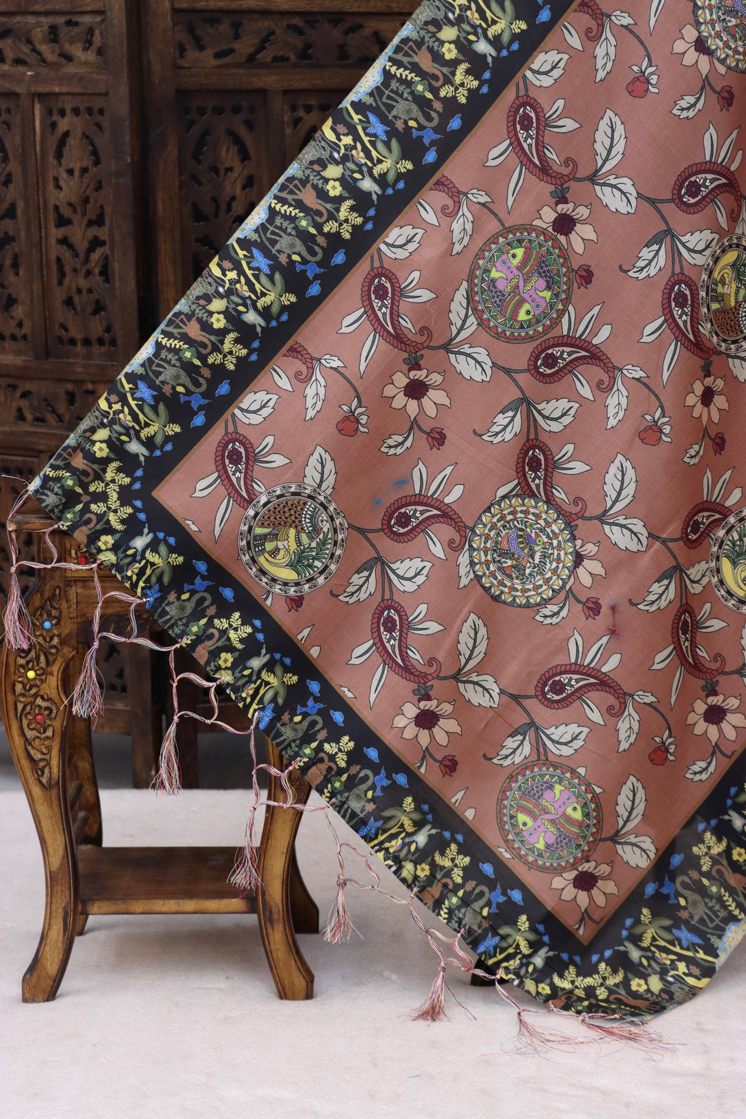 Rust Brown Malai Silk Dupatta with Paisley Floral Print, Folk Medallion Motifs & Contrast Botanical Border with Tassels