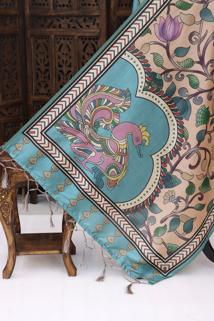 Beige & Teal Malai Silk Dupatta with Lotus Vine Print, Peacock Motif Panel & Geometric Contrast Border with Tassels