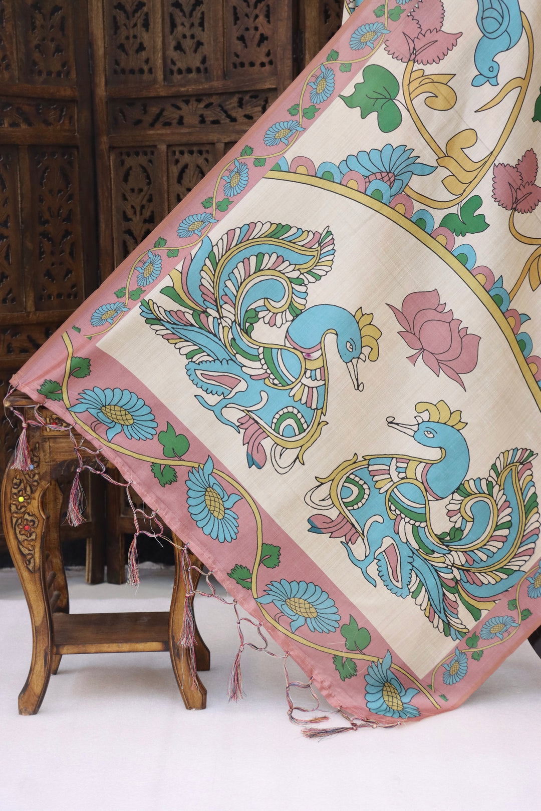 Ivory & Pastel Pink Malai Silk Dupatta with Peacock Motif Panel, Floral Vine Print & Contrast Border with Tassels