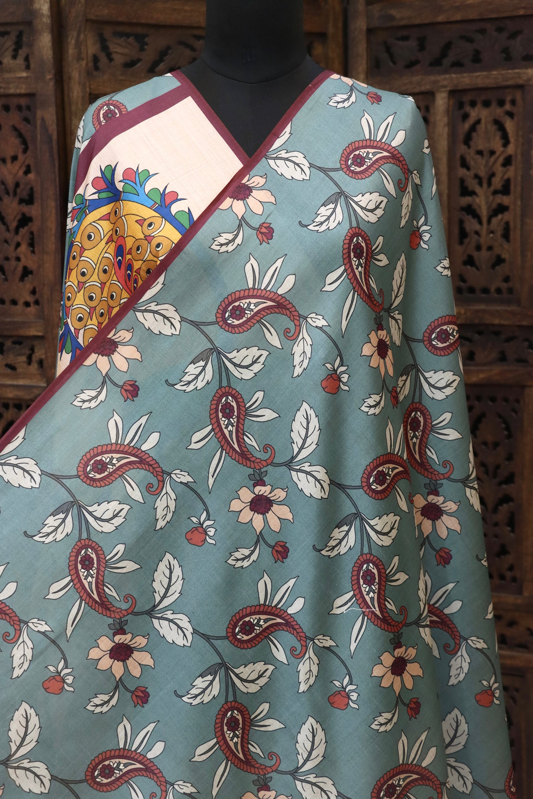 Ivory Malai Silk Dupatta with Heritage Crowd Illustration Border, Pastel Leaf Motifs & Tassel Detailing