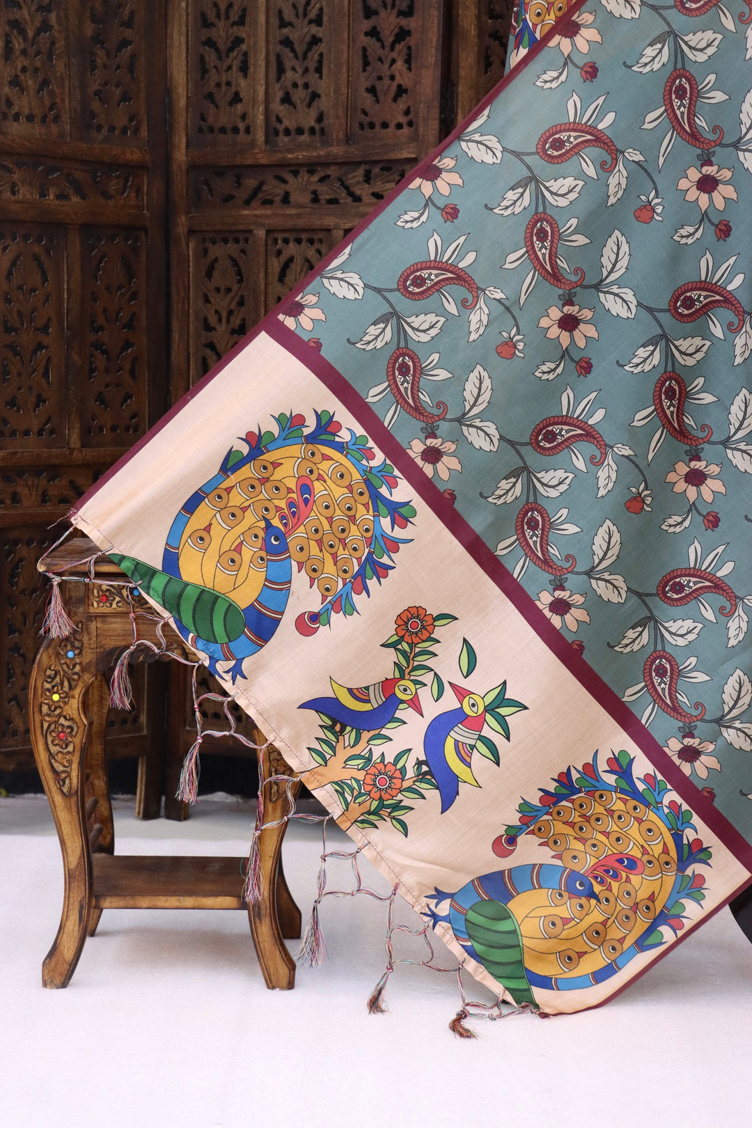 Ivory Malai Silk Dupatta with Heritage Crowd Illustration Border, Pastel Leaf Motifs & Tassel Detailing