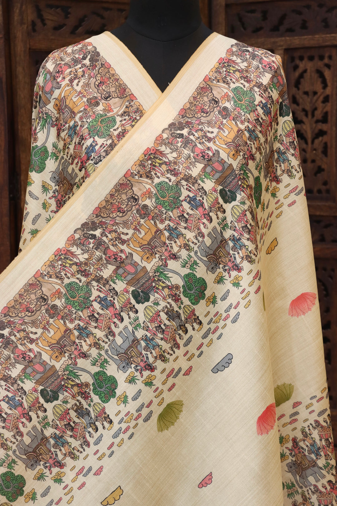 Sage Green & Ivory Malai Silk Dupatta with Paisley Floral Print, Peacock Motif Panel & Contrast Border with Tassels
