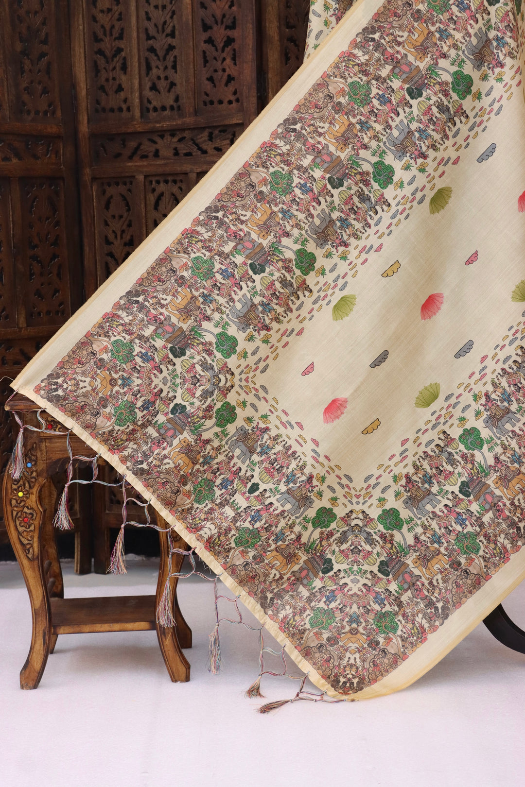 Sage Green & Ivory Malai Silk Dupatta with Paisley Floral Print, Peacock Motif Panel & Contrast Border with Tassels