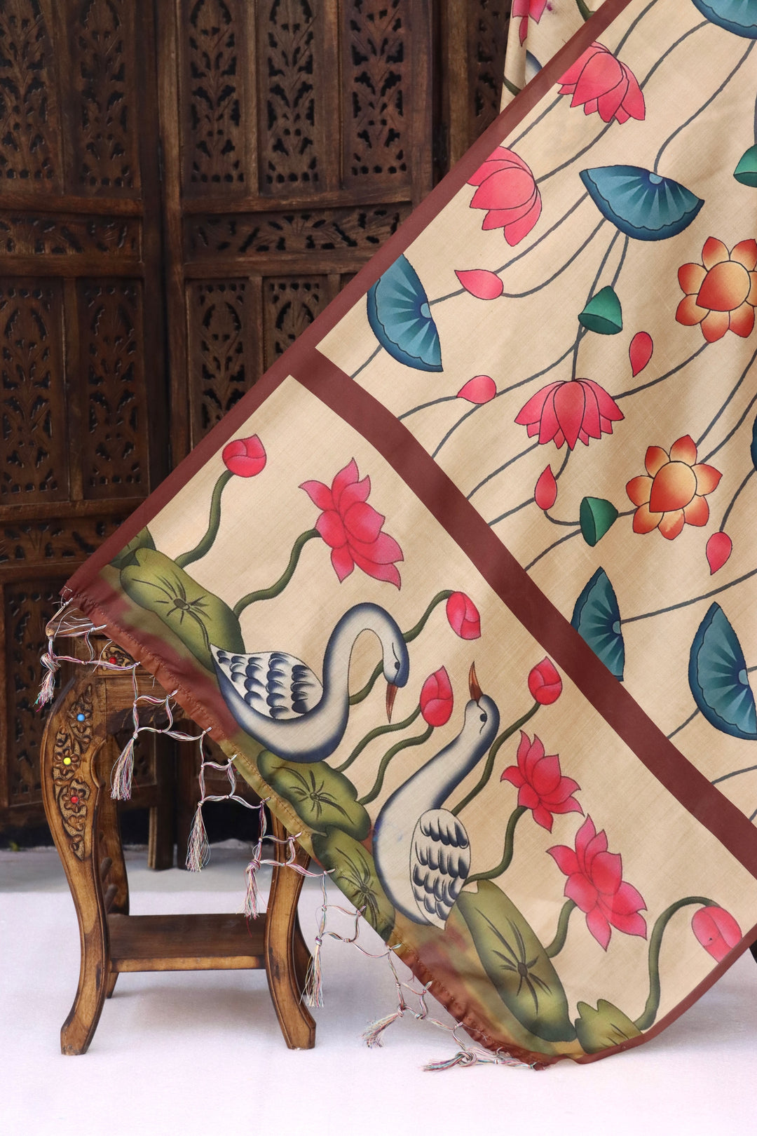 Beige Malai Silk Dupatta with Swan & Lotus Border, Floral Flow Print & Tassel Detailing
