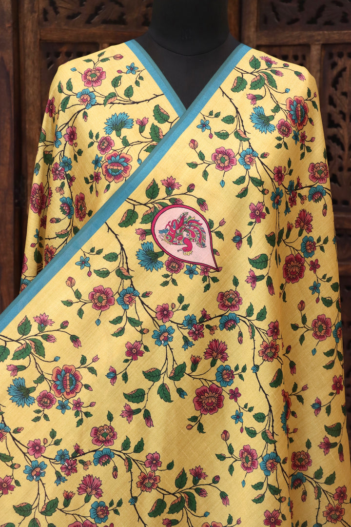 Lemon Yellow Malai Silk Dupatta with Floral Vine Print, Paisley Motifs & Contrast Teal Border
