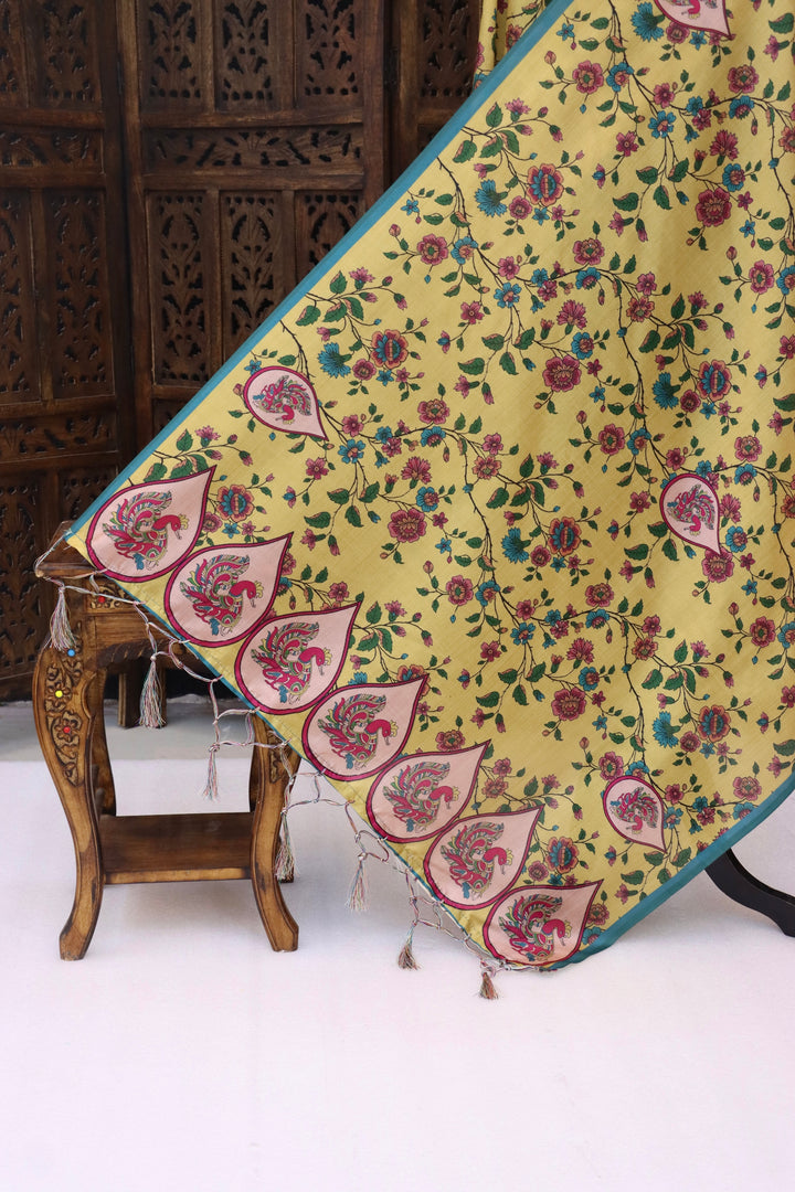 Lemon Yellow Malai Silk Dupatta with Floral Vine Print, Paisley Motifs & Contrast Teal Border