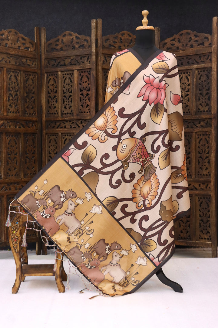 Beige & Mustard Malai Silk Dupatta with Floral Vine Artwork, Fish Motif & Traditional Cow Pallu Print