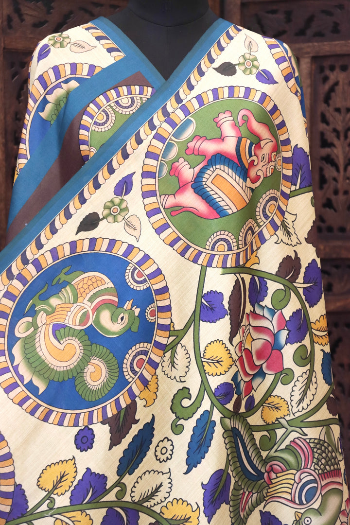 Ivory & Teal Malai Silk Dupatta with Circular Kalamkari Motifs, Floral Vine Print & Contrast Border