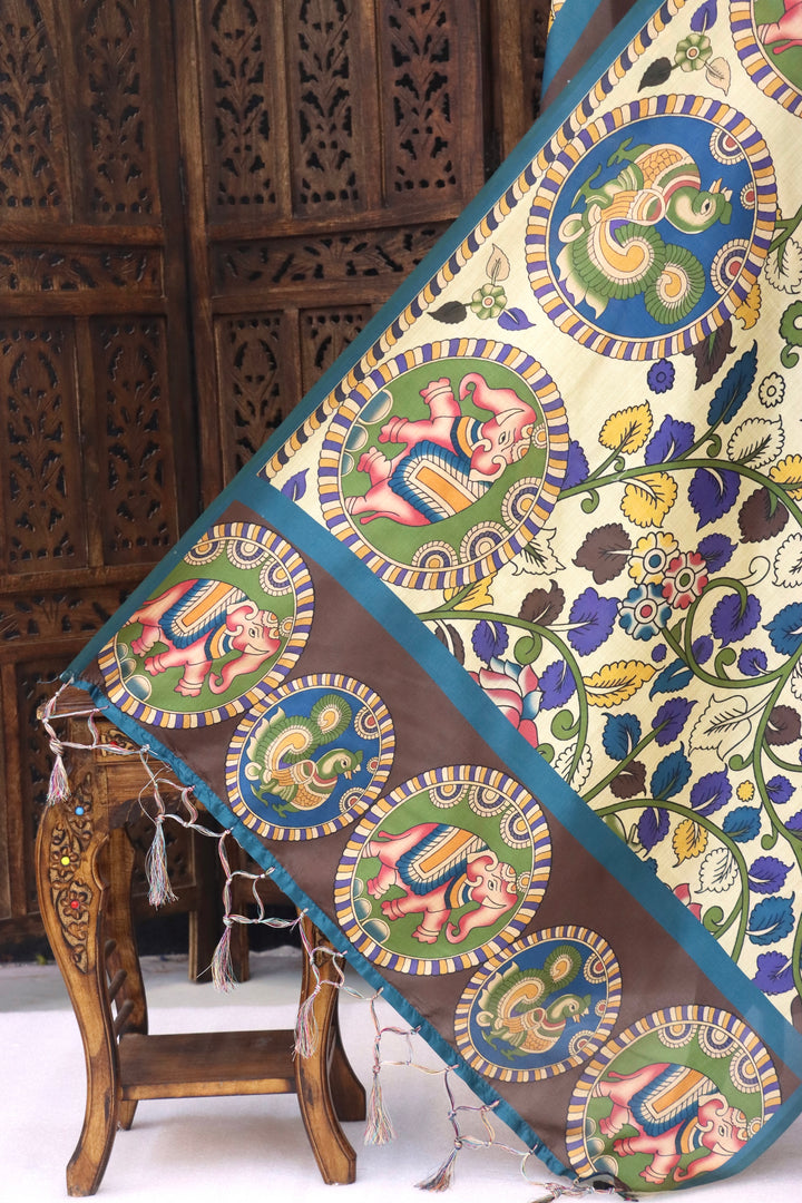 Ivory & Teal Malai Silk Dupatta with Circular Kalamkari Motifs, Floral Vine Print & Contrast Border