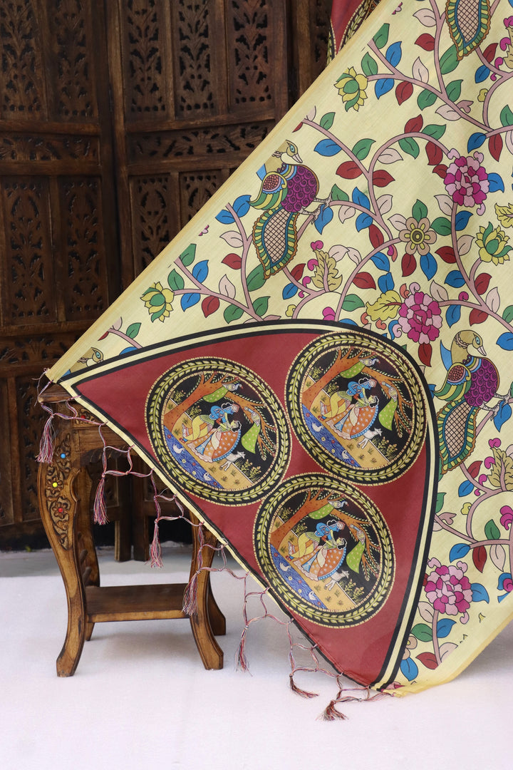 Lemon Yellow Malai Silk Dupatta with Peacock Vine Print & Circular Folk Art Pallu