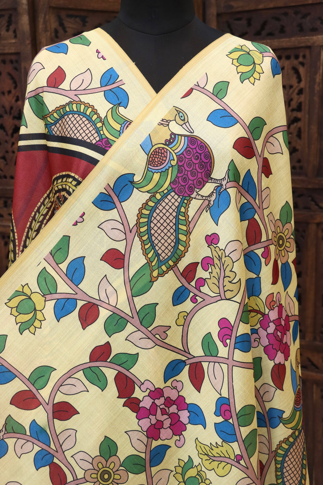 Lemon Yellow Malai Silk Dupatta with Peacock Vine Print & Circular Folk Art Pallu