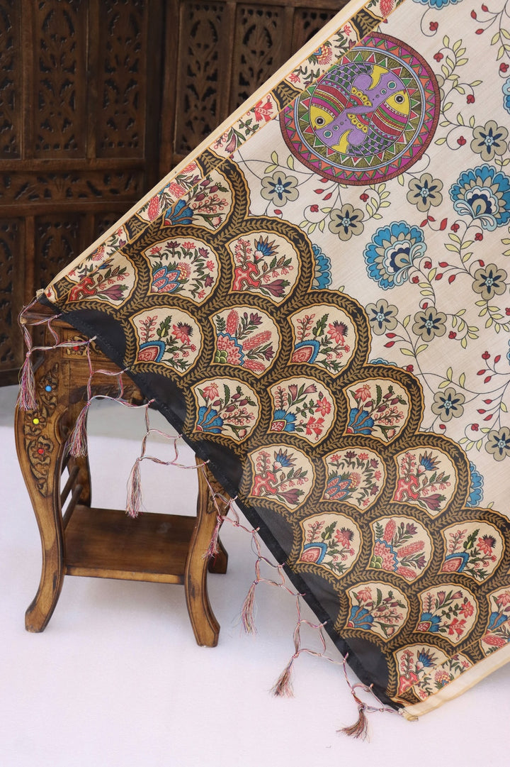 Ivory Malai Silk Dupatta with Peach Floral Vine Print & Intricate Blue Ethnic Border