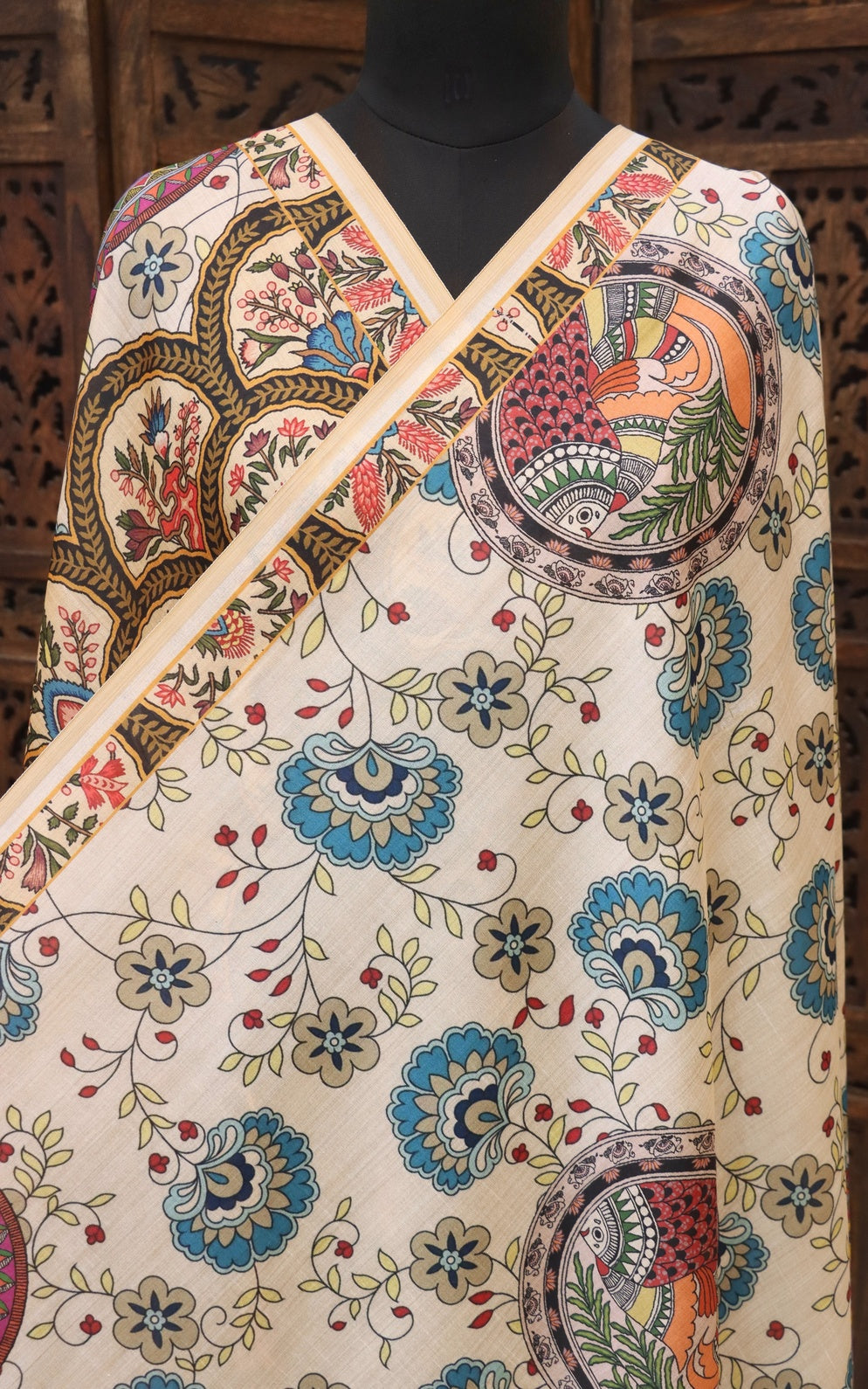 Ivory Malai Silk Dupatta with Peach Floral Vine Print & Intricate Blue Ethnic Border