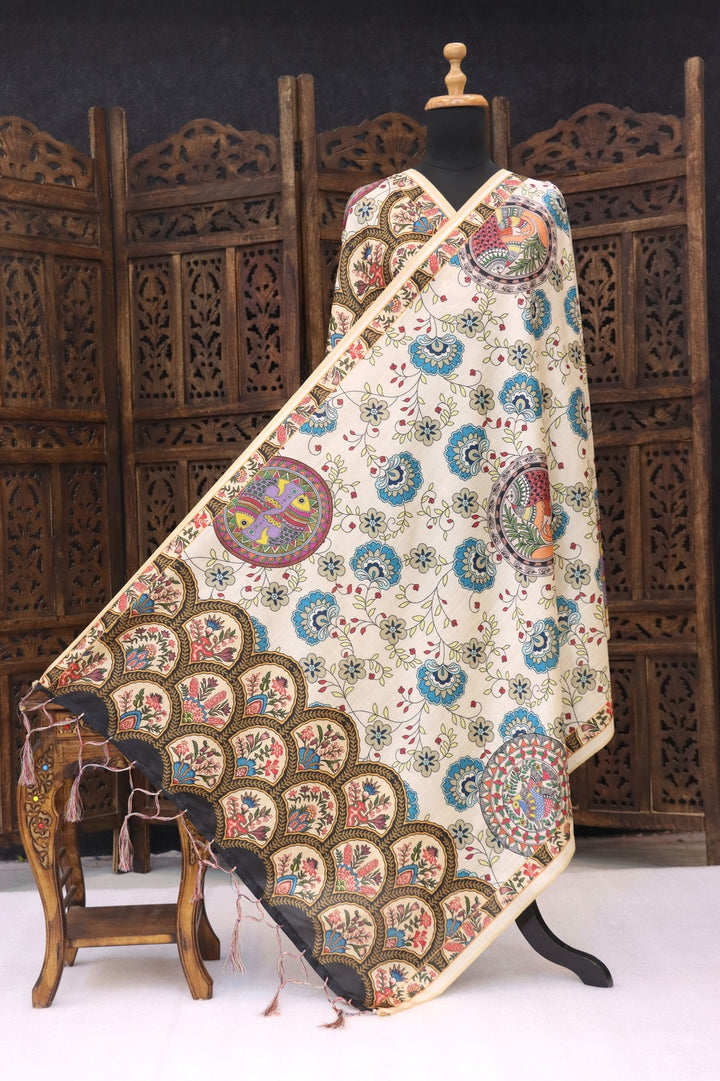 Ivory Malai Silk Dupatta with Peach Floral Vine Print & Intricate Blue Ethnic Border