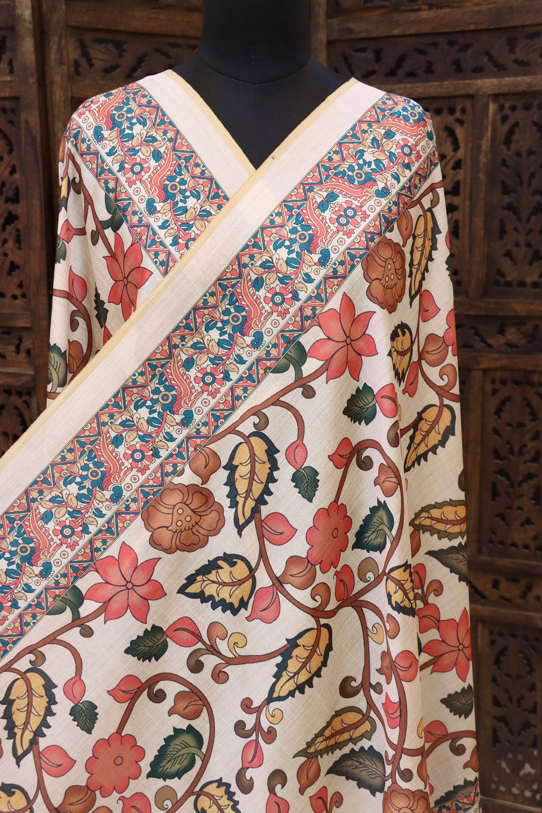 Ivory Malai Silk Dupatta with Blue Floral Jaal & Multicolor Folk Medallion Border