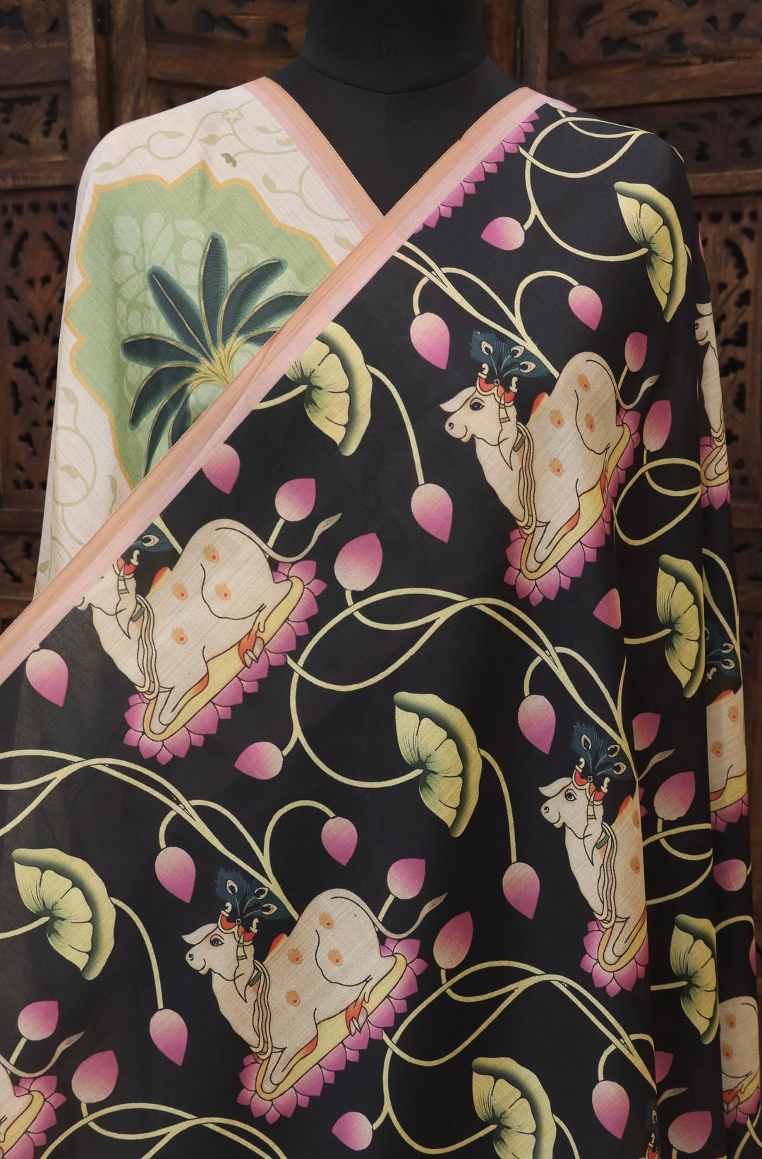 Black Malai Silk Dupatta with Cow Motif & Palm Tree Border – Folk Inspired Ethnic Elegance