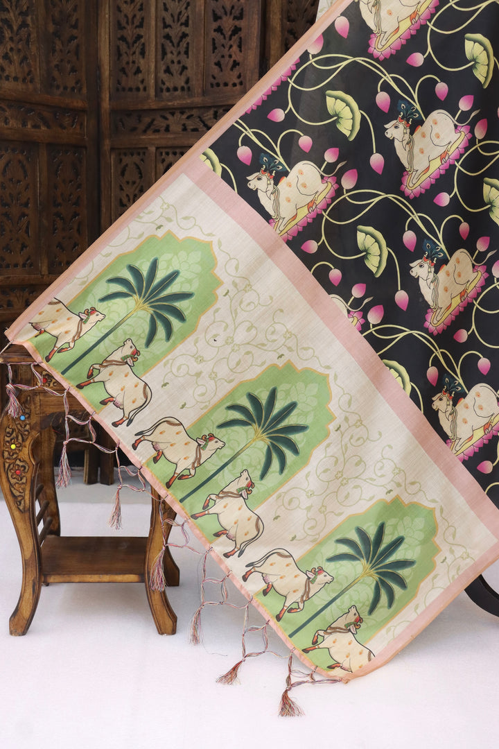 Black Malai Silk Dupatta with Cow Motif & Palm Tree Border – Folk Inspired Ethnic Elegance