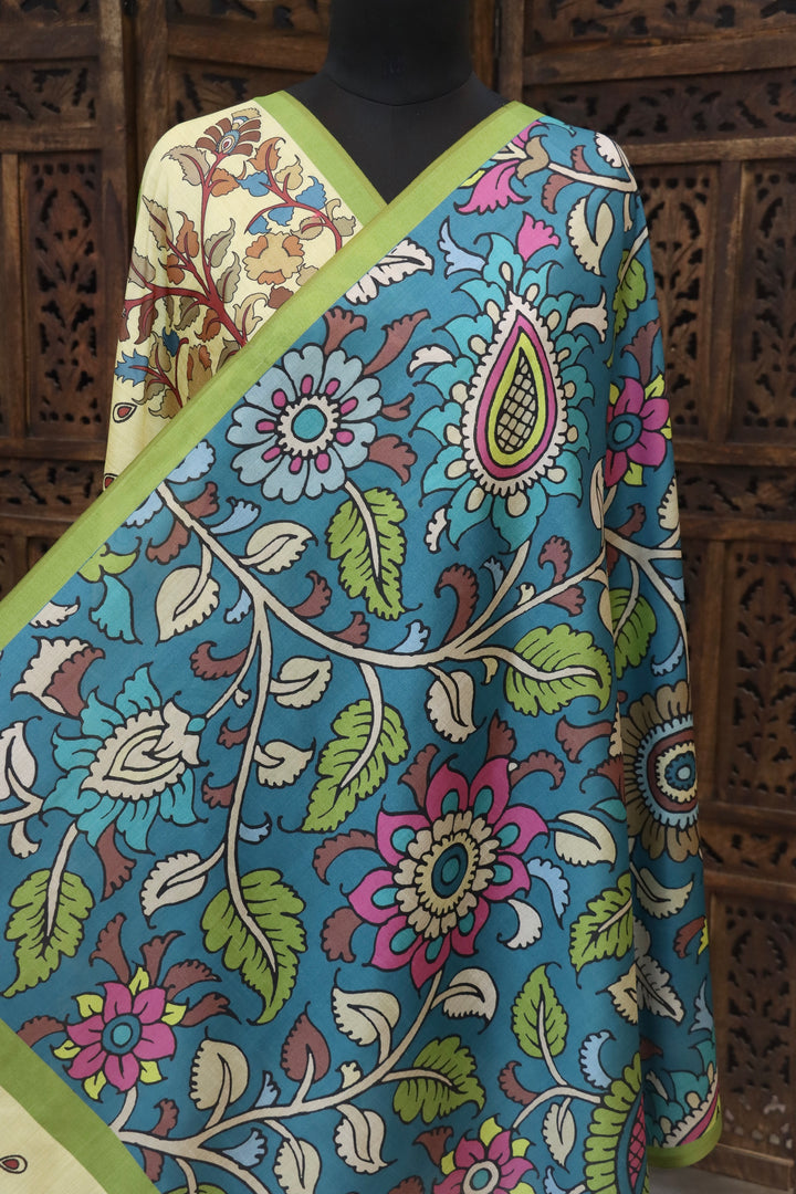 Teal Blue Malai Silk Dupatta with Floral Vine & Bird Motif Border – Handcrafted Folk Art Elegance