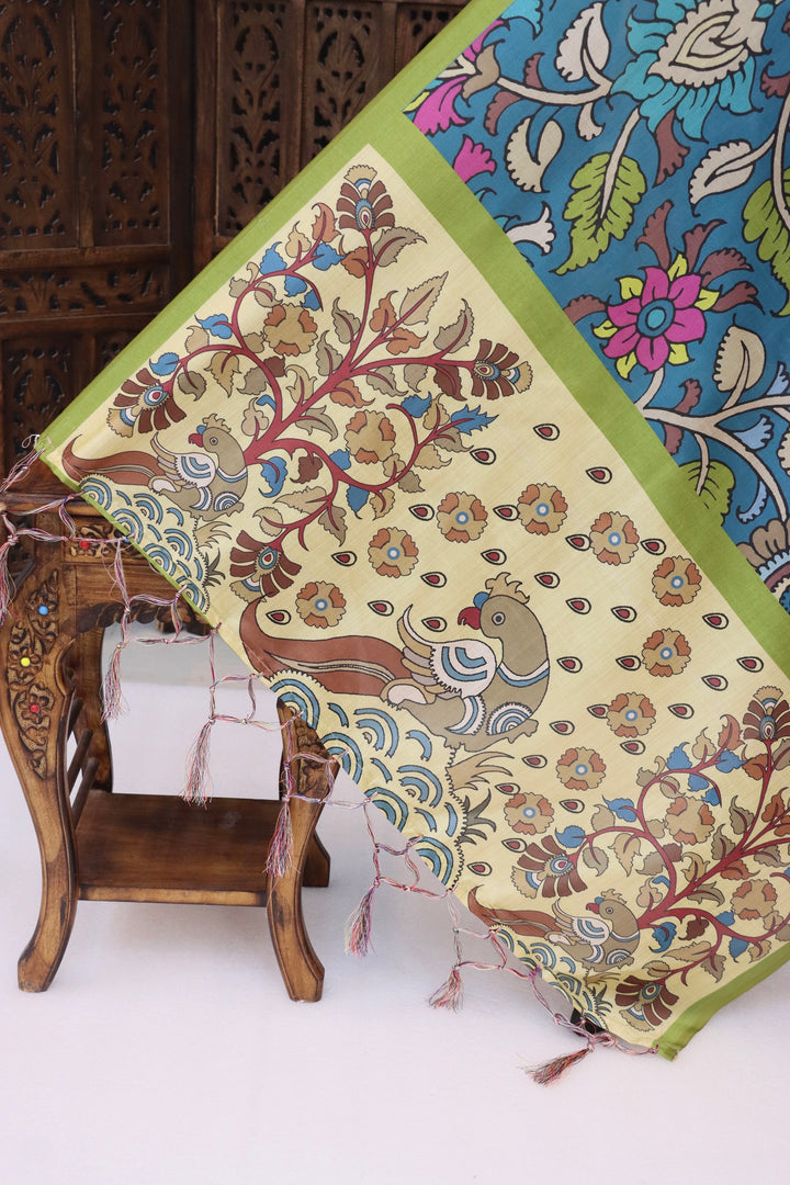 Teal Blue Malai Silk Dupatta with Floral Vine & Bird Motif Border – Handcrafted Folk Art Elegance