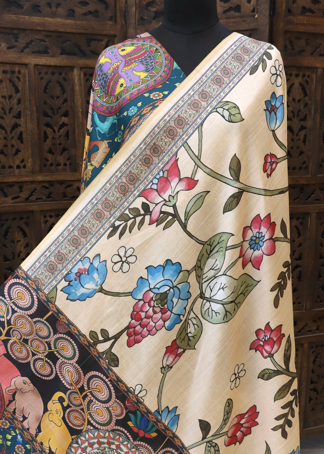Ivory & Teal Malai Silk Dupatta with Floral Vine Body & Folk Animal Art Border – Handcrafted Ethnic Elegance