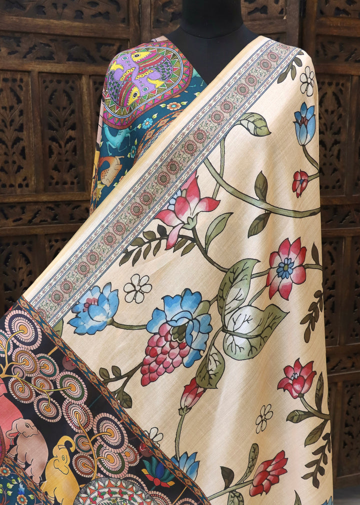 Ivory & Teal Malai Silk Dupatta with Floral Vine Body & Folk Animal Art Border – Handcrafted Ethnic Elegance