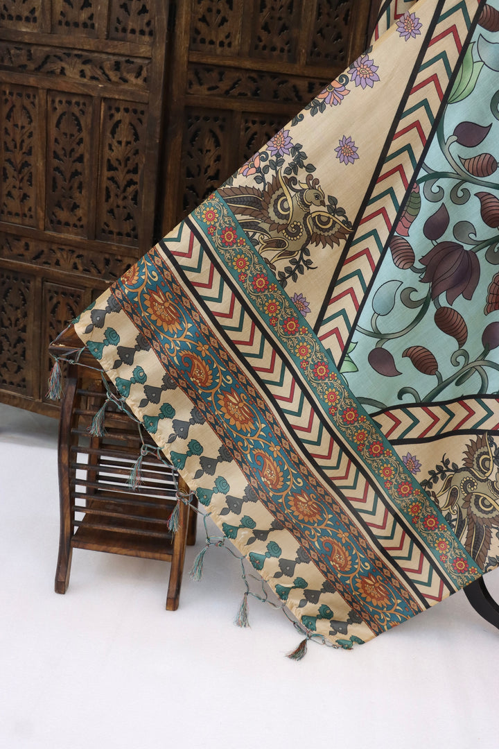 Mint Blue Malai Silk Dupatta with Floral Vines, Chevron Borders & Kalamkari Owl Motifs – Elegant Ethnic Statement Piece