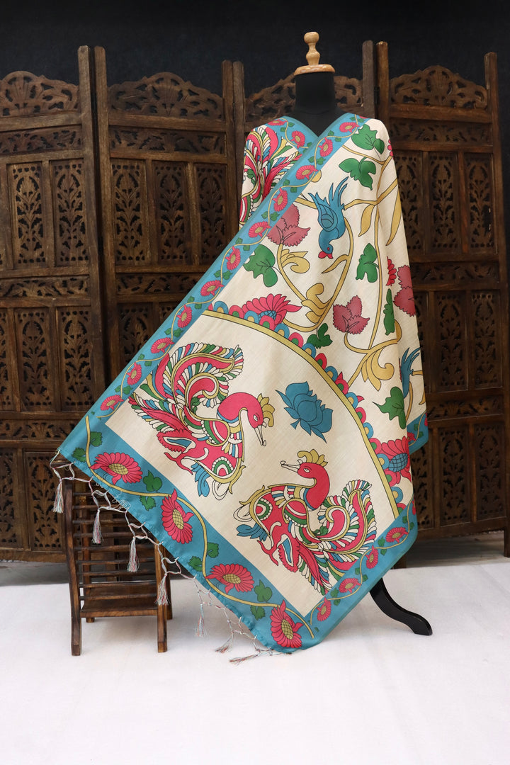 Ivory Malai Silk Dupatta with Turquoise Border & Twin Bird Kalamkari Motifs – Handcrafted Floral Ethnic Elegance