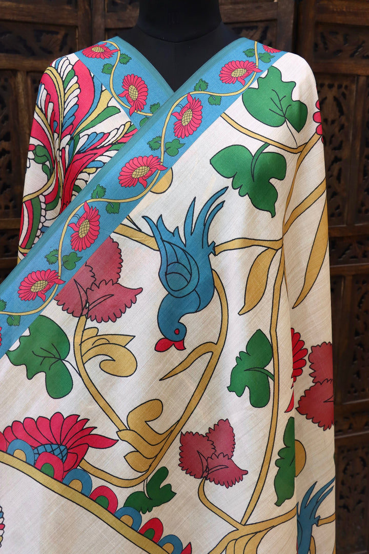 Ivory Malai Silk Dupatta with Turquoise Border & Twin Bird Kalamkari Motifs – Handcrafted Floral Ethnic Elegance