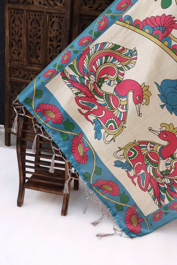 Ivory Malai Silk Dupatta with Turquoise Border & Twin Bird Kalamkari Motifs – Handcrafted Floral Ethnic Elegance